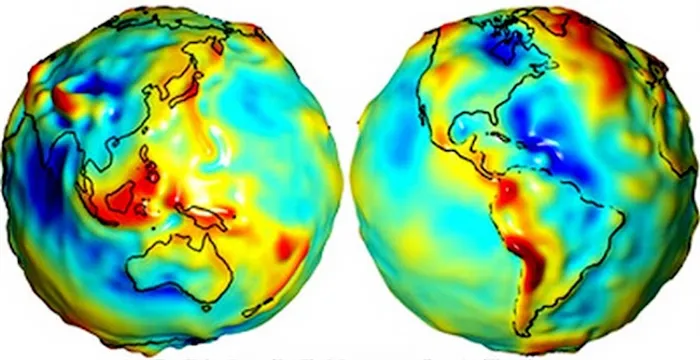 NASA в рамках проекта GRACE создало визуализацию гравитационных аномалий на Земле. Красным цветом показаны области, где гравитация сильнее, а синим - где она слабее стандартных значений