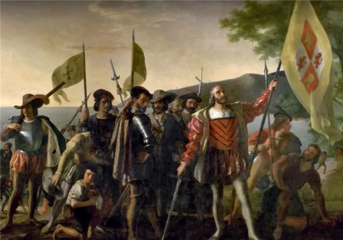 Группа мужчин в средневековых одеждах с флагами