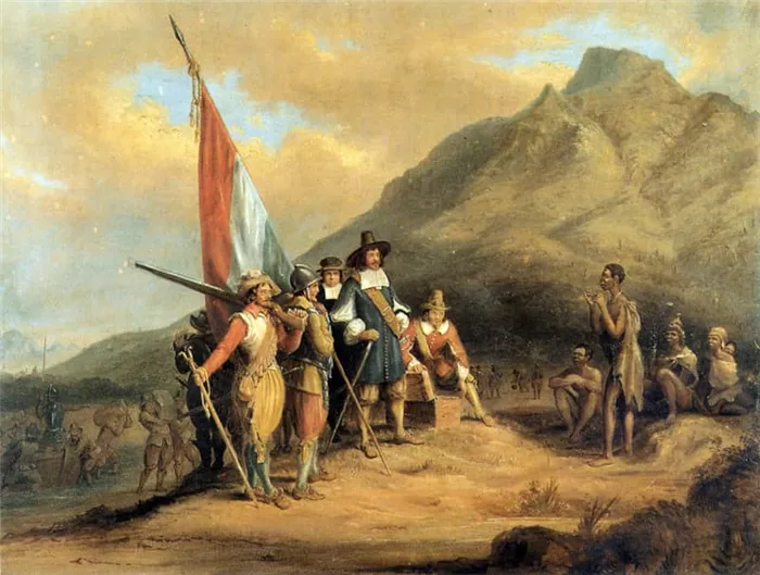Ян ван Рибек и голландские колонисты прибывают в Столовую бухту в 1652 году (https://en.wikipedia.org/wiki/Cape_Town#/media/File:Charles_Bell_-_Jan_van_Riebeeck_se_aankoms_aan_die_Kaap.jpg)