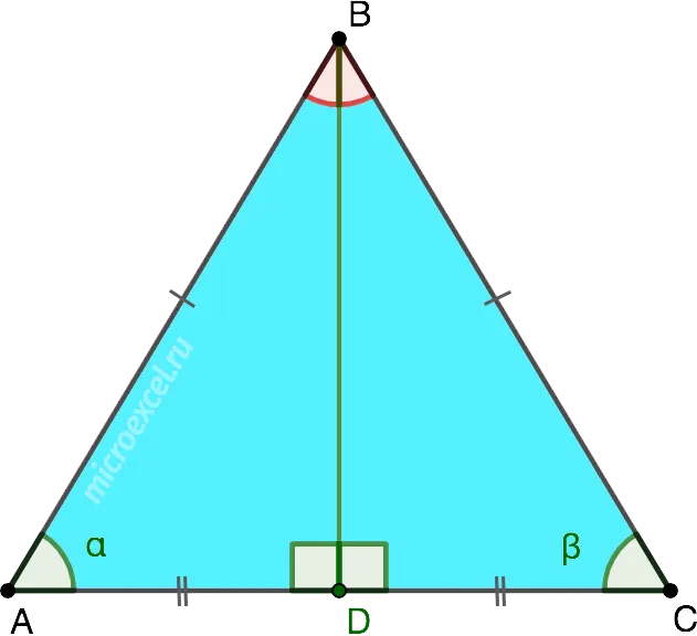 Свойства равнобедренного треугольника (биссектриса, медиана и высота к основанию)