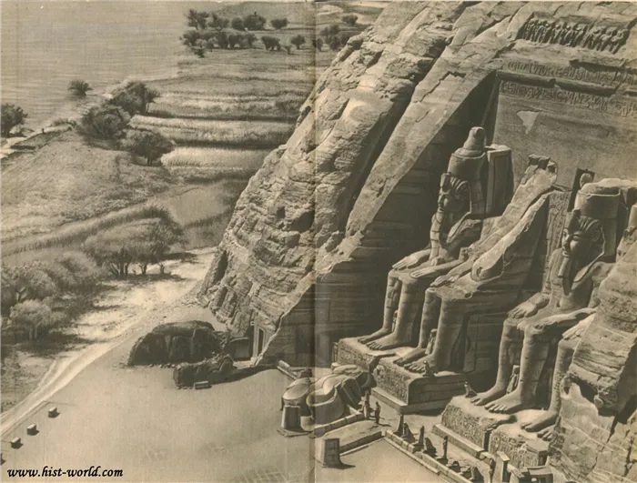 огромные фигуры фараона Рамсеса II на берегу Нила, в Нубии, II тысячелетие до н. э.