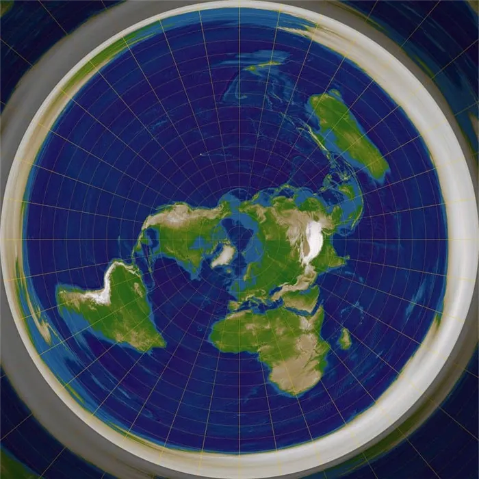 Модель плоской Земли с континентами, расположенными в форме диска, а также Антарктидой в виде ледяной стены